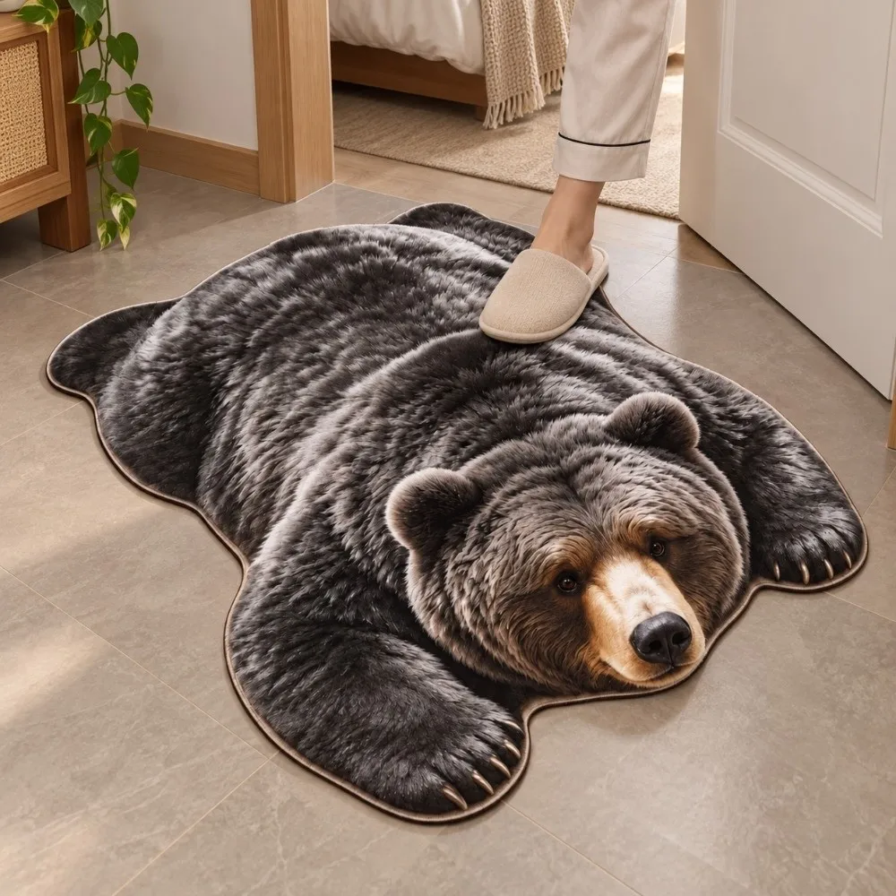 New Faux Cashmere Bear Shape Area Rug Lifelike Washable Animal Shaped Floor Mat Durable Absorbent Bear Pattern Carpet Bedroom