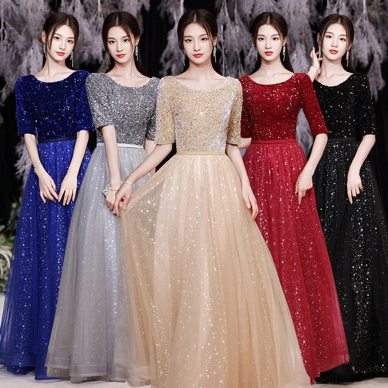 A Line Sequin Lace Boat Neck Sashes Half Sleeve Floor Length Bridesmaid Dresses Wedding Party Evening Prom Homecoming Birthday