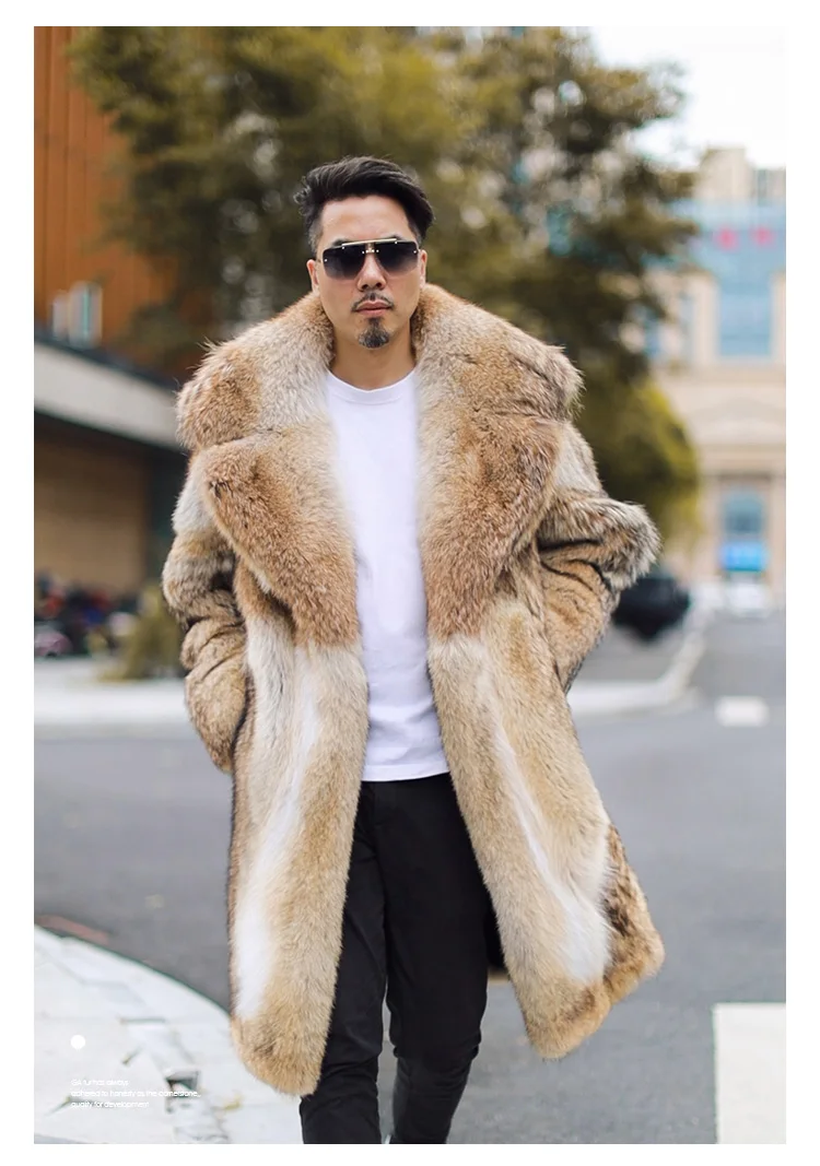 Winter 2024 New North American Coyote Men\'s Suit Collar Long Fur Coat Warm Leisure Natural Wolf Skin