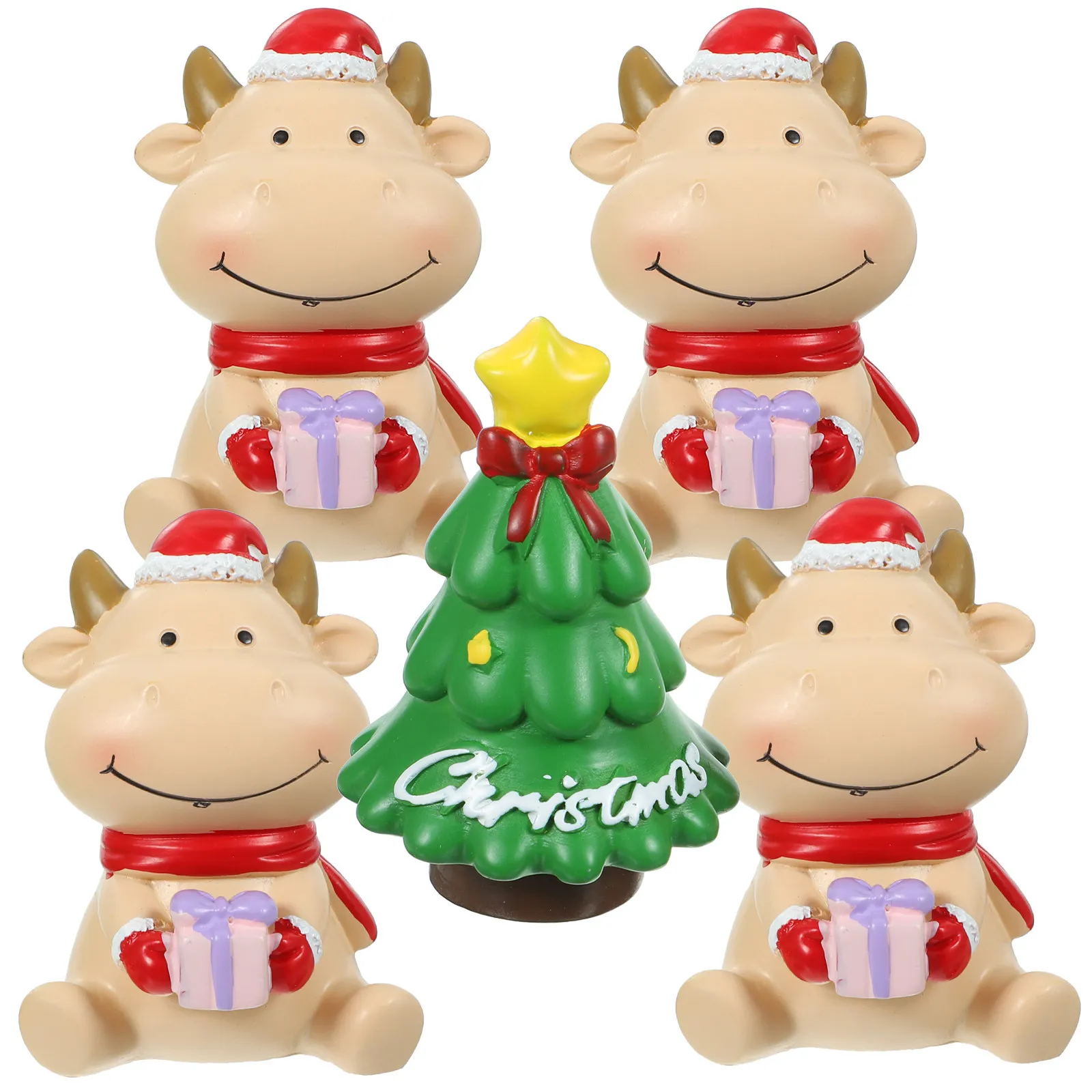5Pcs Mini Resin Christmas Decor Set Realistic Vivid Xmas Ox Tree Figurines for Desktop Home Living Room Bedroom Study Party Car