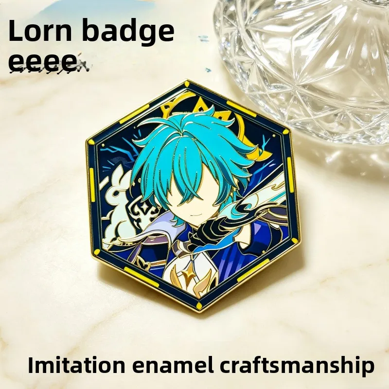 Genshin Impact Lohen Hexagon Enamel Pin Badge, Fanart Metal Lapel Brooch for Backpack, Collectible Gift