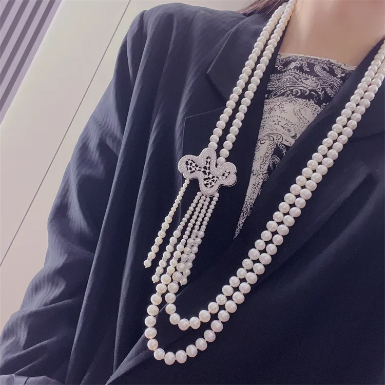 30''-33'' 2 Strands White Pearl CZ Connector Long Necklace