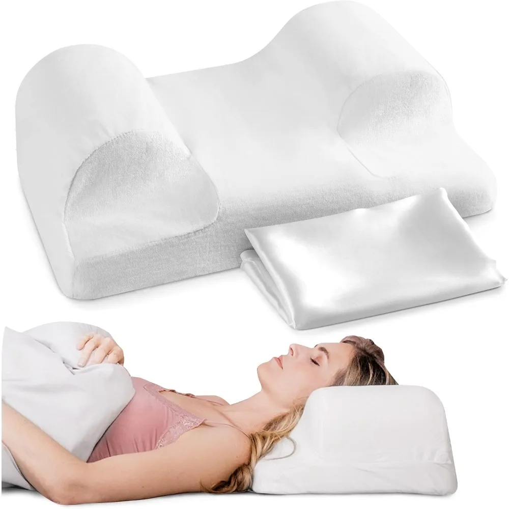 Ergonomic Cervical Memory Foam Pillow for Back Sleeping - Neck & Shoulder Support - Best Sleep Alignment - Large with Satin Case