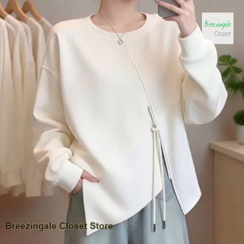 

French solid color plus size women's irregular sweater women's spring and autumn new casual loose long-sleeved round neck top