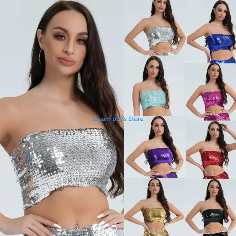 50LE Women's Sparkly Sequins Tube Top Stretchy Crop Top Party Costumes Clubwear - view 2
