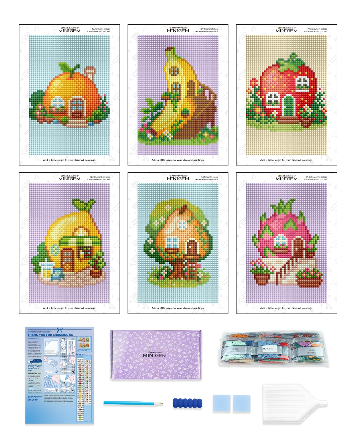 Forever Young Minigem 6PCS Fruit Cottage Diamond Painting Kit - 5x7 Inch Resin Square Diamond Art Kits for Beginners Adults