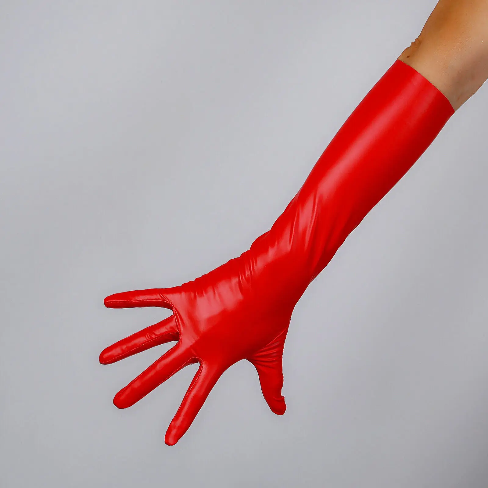 

Red LATEX Opera GLOVES 2nd Skin Extra Thin Faux Leather 16" 40cm Elbow LONG FITTED Evening Fashion Stage Cosplay Nightclub