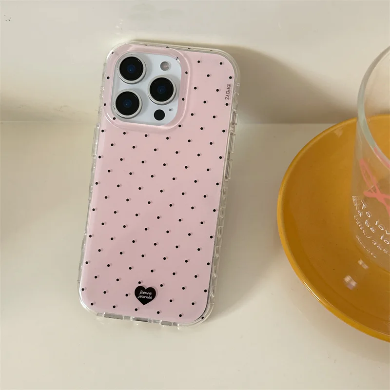 IND Doppelschichtige Handyhülle mit rosa Punkten und herzförmigem Design, inklusive rosa herzförmigem Anhänger, für iPhone 11 12 13 14 15 16 17 18 Pro Max – Detail 3