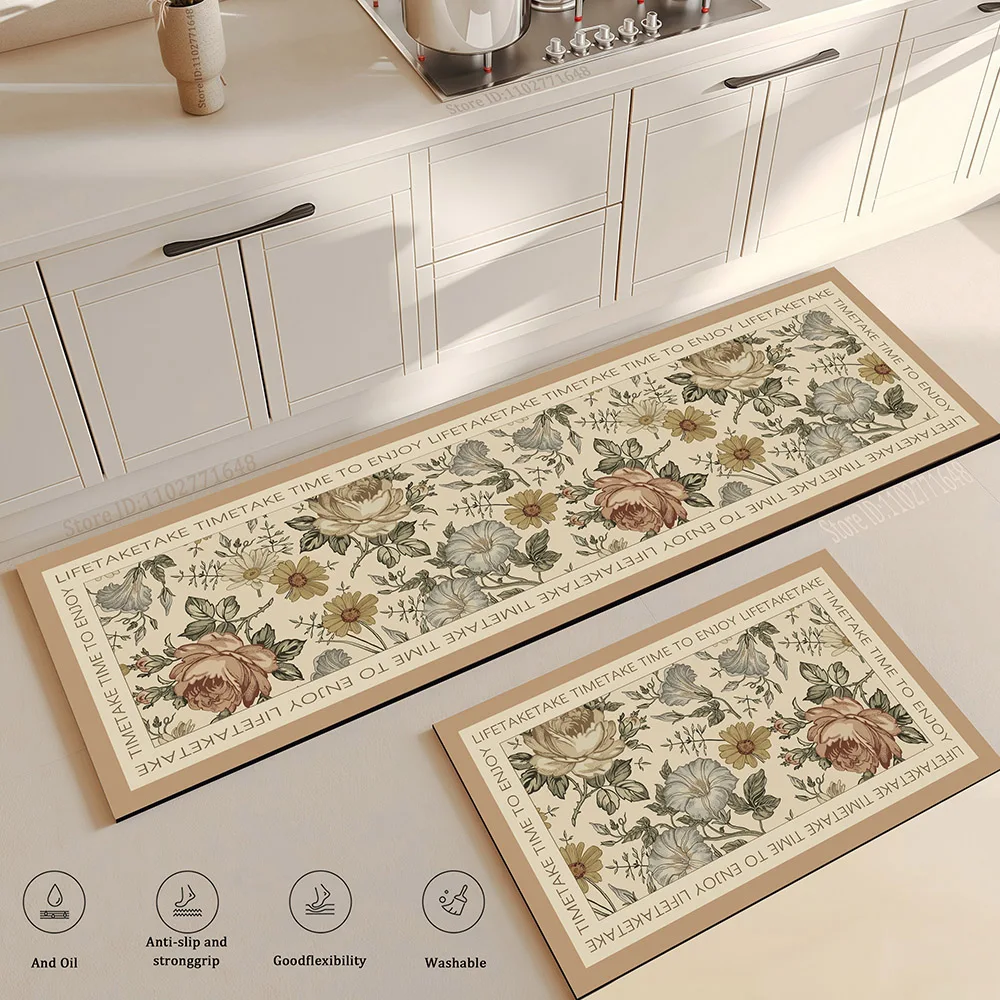 Saugfähige, rutschfeste, florale Vintage-Küche, lange Bodenmatte, hochwertiger, waschbarer Schlafzimmer-Eckteppich, Eingangs-Fußmatte, wasserdichter Teppich – Detail 6
