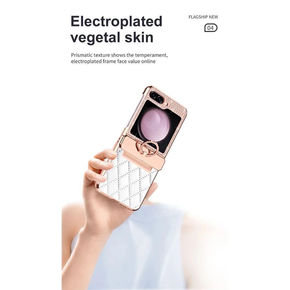 Skórzane etui na telefon z brokatowym diamentowym zawiasem, odporne na wstrząsy etui ochronne z pierścieniem do Samsung Galaxy Z Flip 6 5 4 3 5G — zdjęcie produktu 4