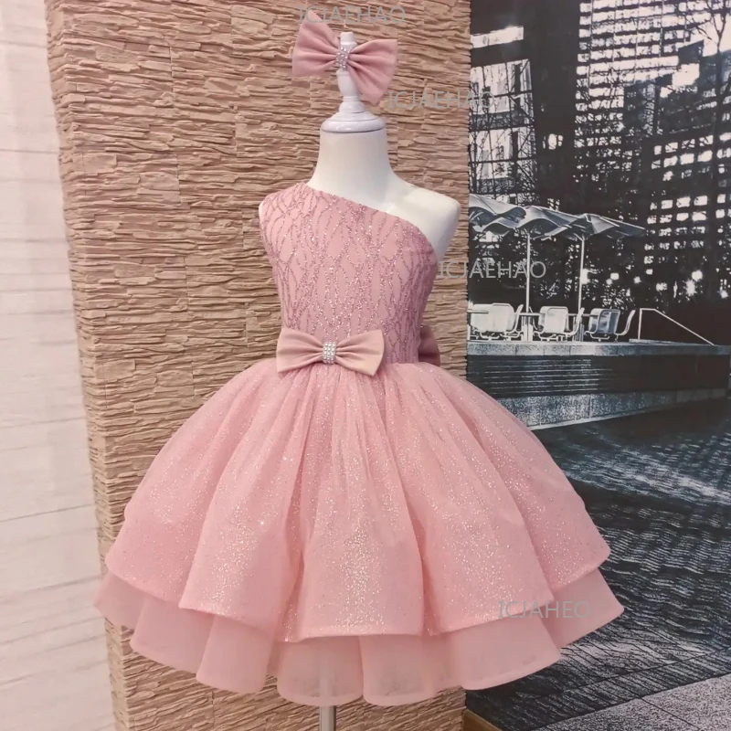 2026 New Children Sequin Pink Princess Dress Costume Girls Flower Girl Tulle Elegant Skirt Kids Formal Pageant Party Gown Outfit