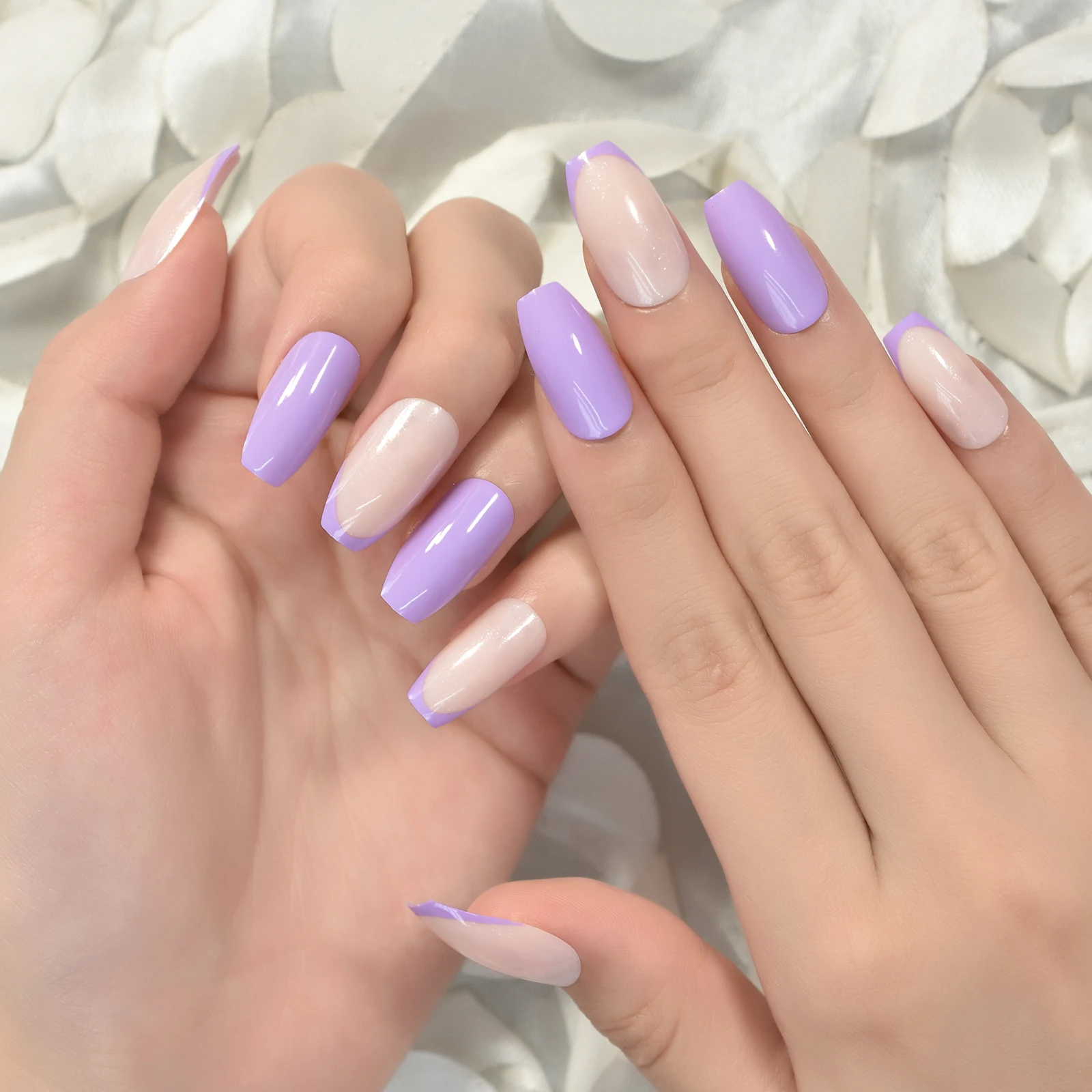 Daily Medium Glossy Nude Purple French Press on False Nails Coffin DIY Manicure Reusable Fake Acrylic Nail Art Tips