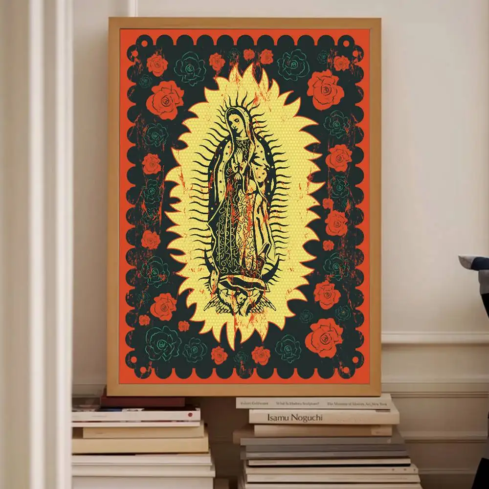 Retro Guadalupe Virgin Mary Art Paper Print, Floral Folk Style Poster, Vibrant Decor for Bedroom, Apartment