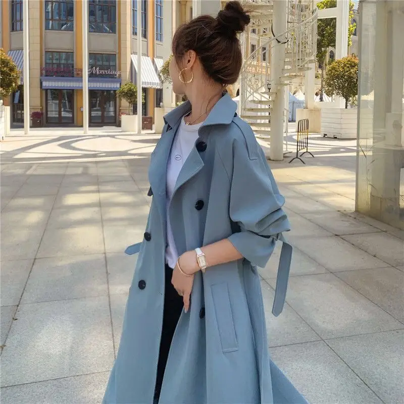 British Style Long Trench Coats Classic Double Breasted Windbreaker Elegant Womens Loose Overcoats Korean Fashion Blue Gabardina