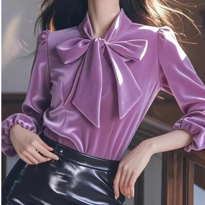 مكتب سيدة المخملية القوس جلد الصلبة بلوزة النساء الملابس ربيع الخريف طويلة الأكمام كل مباراة قميص أنيق بلايز الموضة الكورية