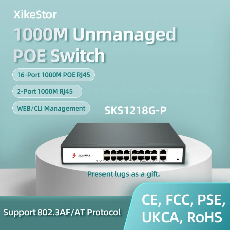 

XikeStor Gigabit Unmanaged POE 16-Port 1G POE RJ45 2-Port 1G RJ45 Ports AI Intelligent Detection Wide Compatibility Plug & Play