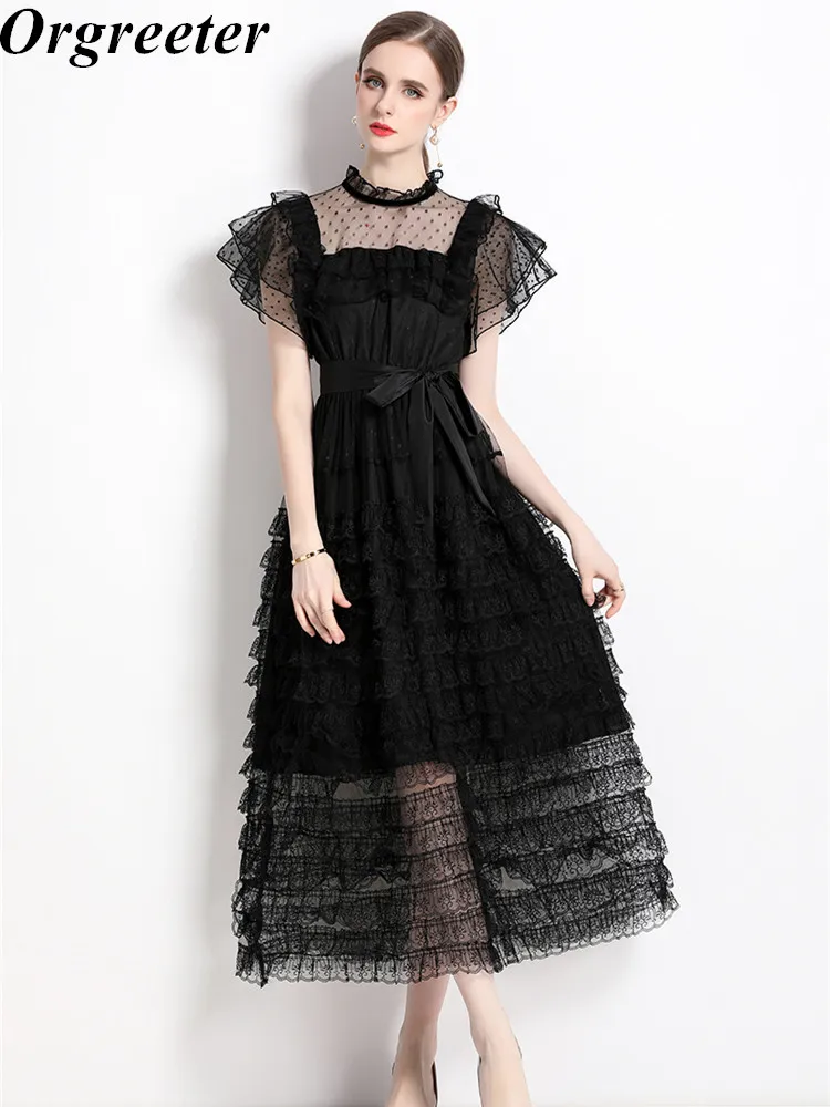 Frauen Vintage Mesh Geraffte A-line Midi Lange Sommer Kleid Casual Dame Cascading Spitze Rüschen Kuchen Einteiliges Kleid Vestidos Elbise