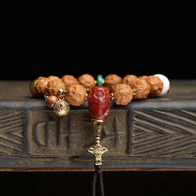 Natural color snake monkey bodhi bracelet with bone three-way connector and agate accessories