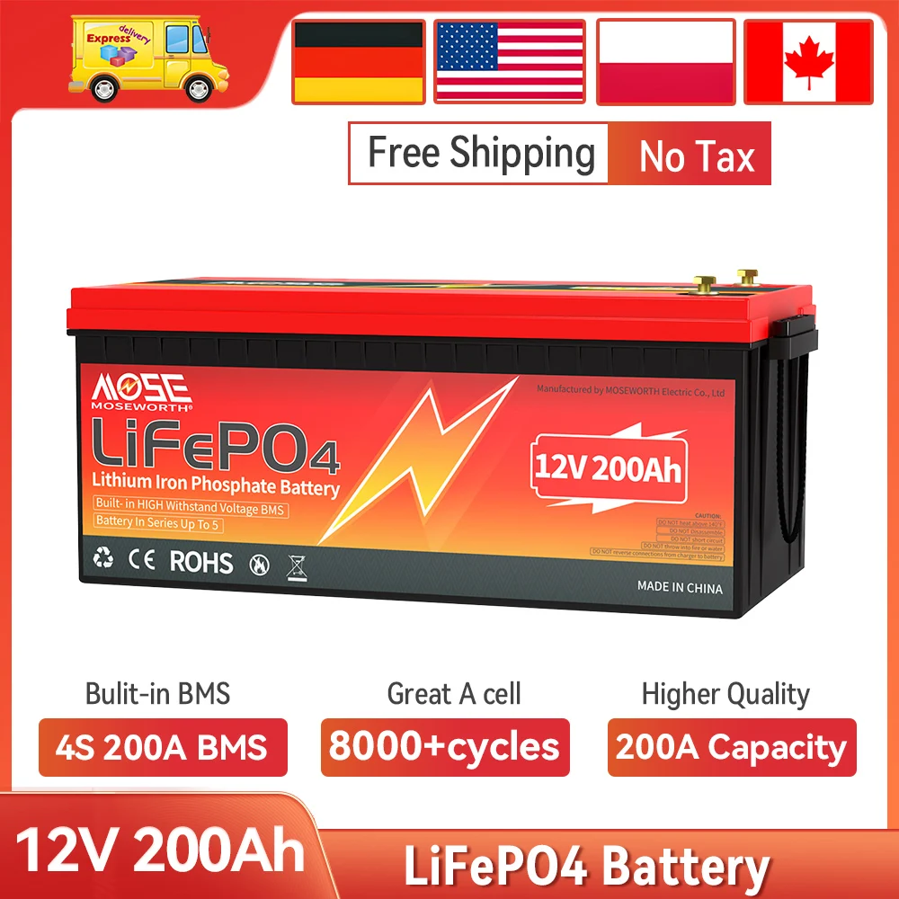 12V 200Ah LiFePO4 Battery With 4S 200A BMS Rechargeable Deep Cycles Lithium Battery 12V For Home RV Off-Grid Off-Road Solar Boat