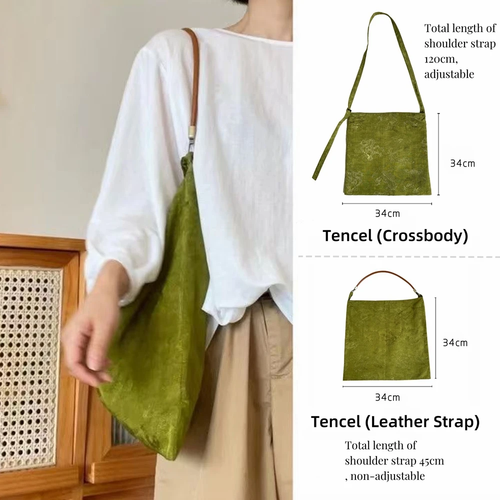 Women Handbag Totes Vintage Jacquard Silk Sati Linen Underarm Bag Portable Knot Wrist Bag Adjustable Pu Crossbody Travel Bag