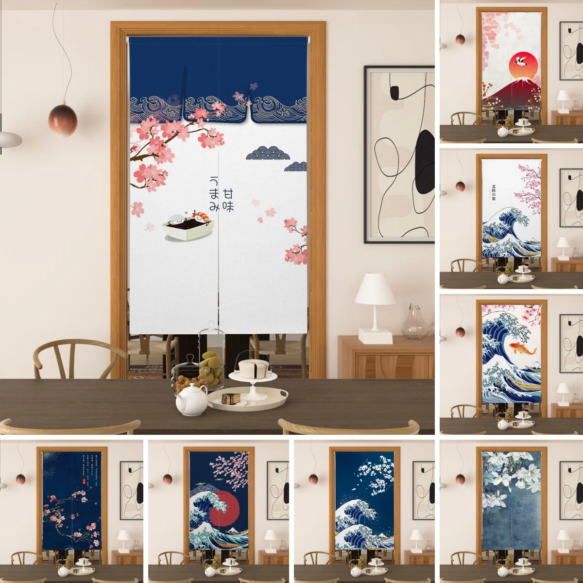 Japanese Style Door Curtain Mount Fuji Cherry Blossom Wave Pattern Dining Room Kitchen Tea House Half-Curtain Home Decor