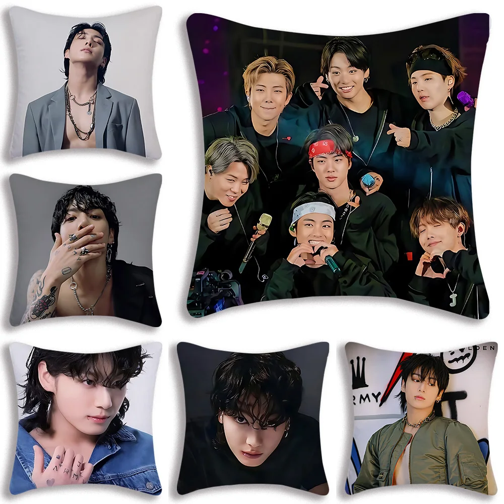 Korean Idol Jungs-kooks Pillow Covers Cartoon Sofa Decorative Home Double-sided Printing Short Plush Cute Cushion Cover-B-B-BTS