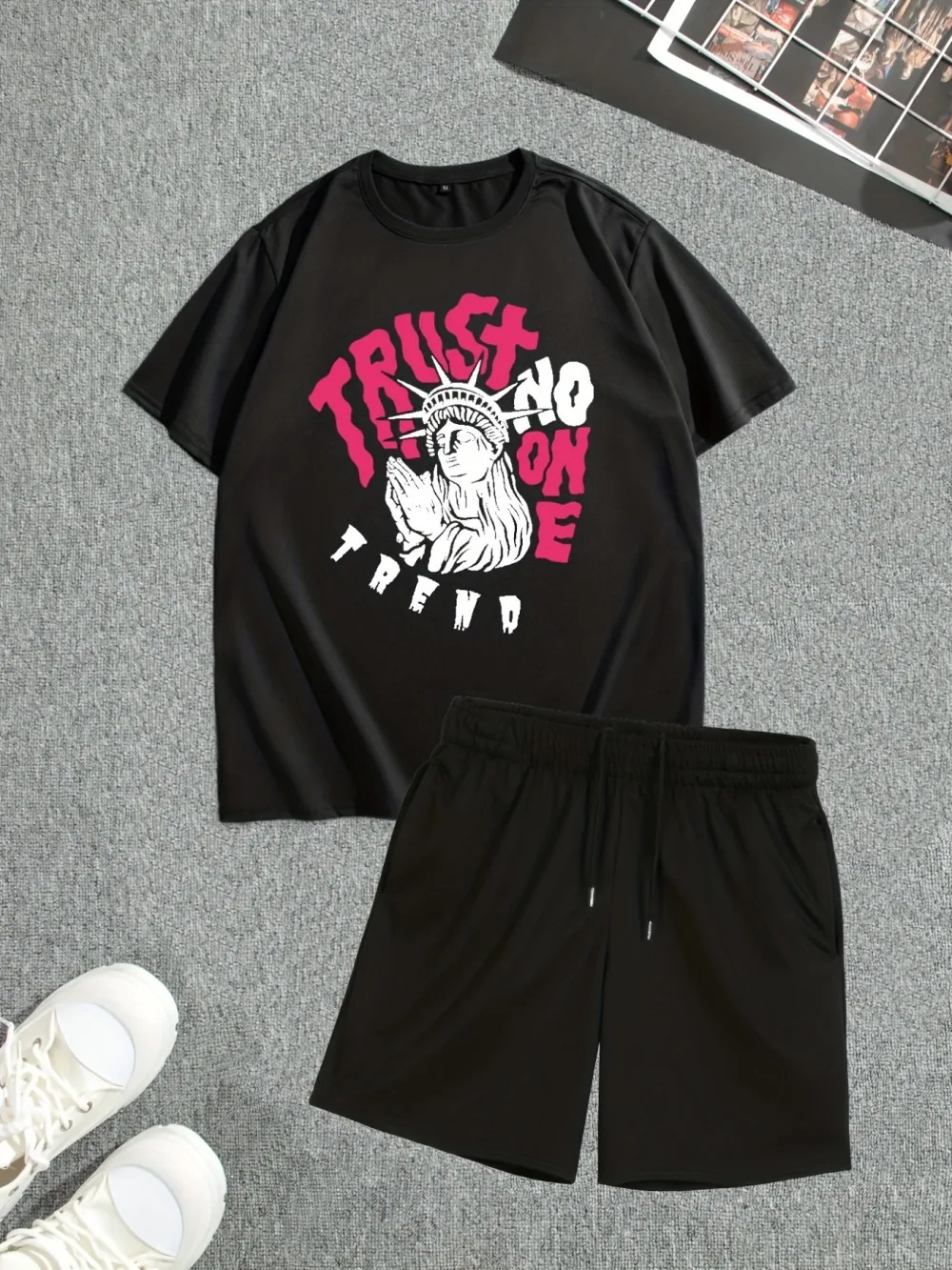 

Fashionable men's autumn Gothic Statue of Liberty letter print breathable round neck T-shirt shorts set outdoor streetwear