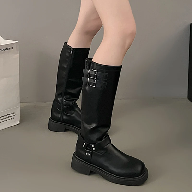 Bottes hautes au genou pour femmes, chaussures à plateforme plate, chaussures de marche décontractées pour femmes, chaussures de voyage pour dames, mode habillée, hiver, nouveau, 2024