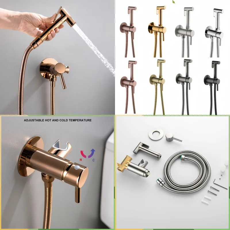 

Rose Gold Bidet Faucet Wall mounted Toilet spray Bathroom Shower Tap Cold and Hot Mixer Handheld Spray Gun Wash Basin Crane