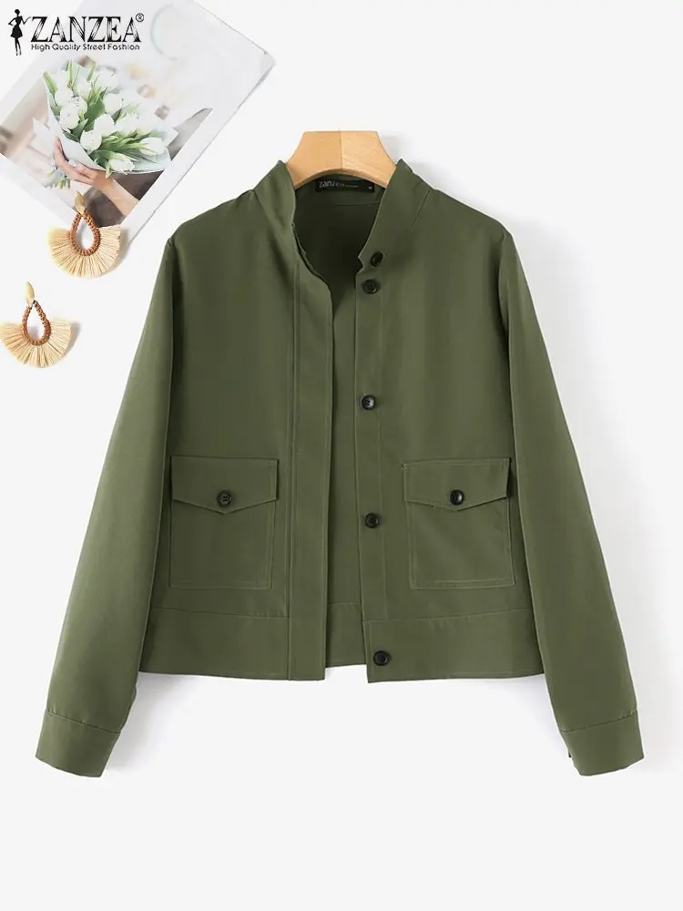 ZANZEA Stylish Autumn Long Sleeve Stand Collar Jackets Women Fashion Solid Thin Coats Casual Buttons Work Outwear Spring Tops