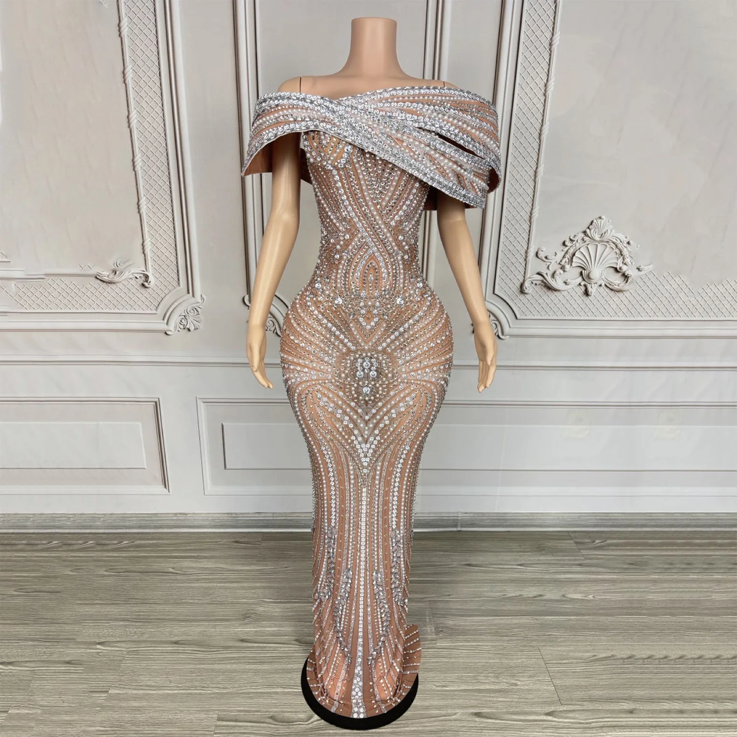 Fashion Ballroom Dance Gown Women Rhinestones Flying Shoulder Evening Dress birthday Stage Celebrate Festival Outfit Party Wear