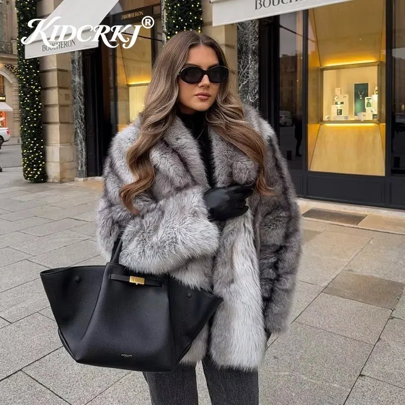 KIDCRKJ Elegant Brand Fashion Vintage Brown Striped Faux Fur Coat Women 2026 Winter Chic Scraf Collar Overcoat Fox Fur Jacket