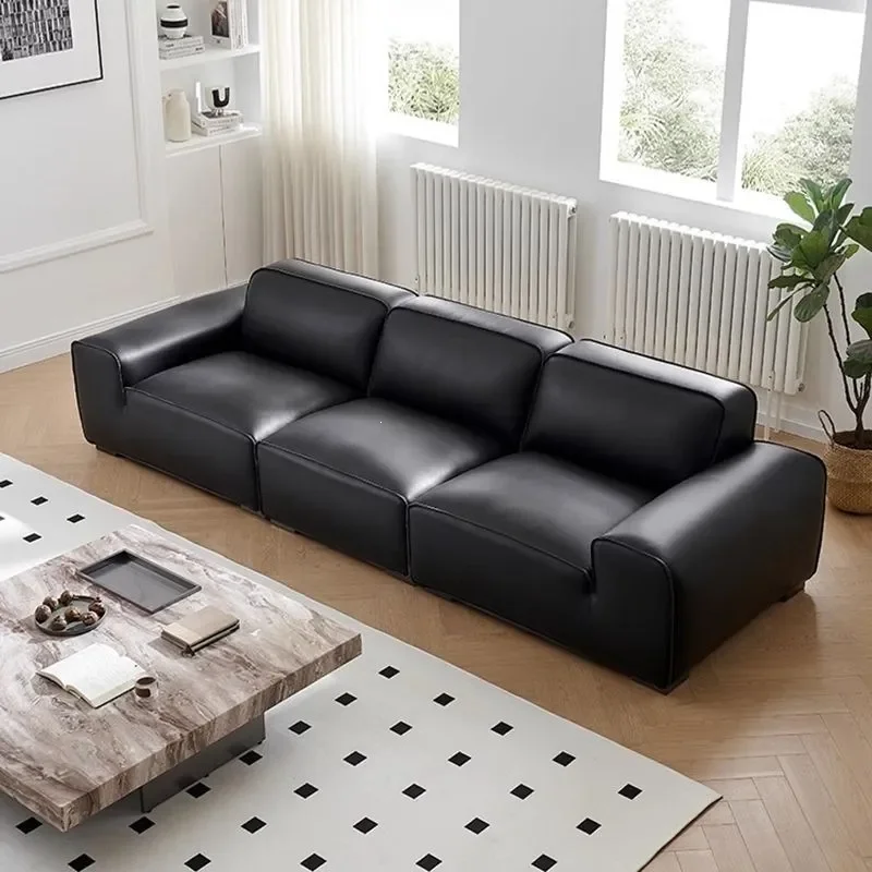 Minimalist Italian Black Cowhide Leather Sofa 3 Seater Straight Row for Small Apartment Living Room Top Grain Leather Couch
