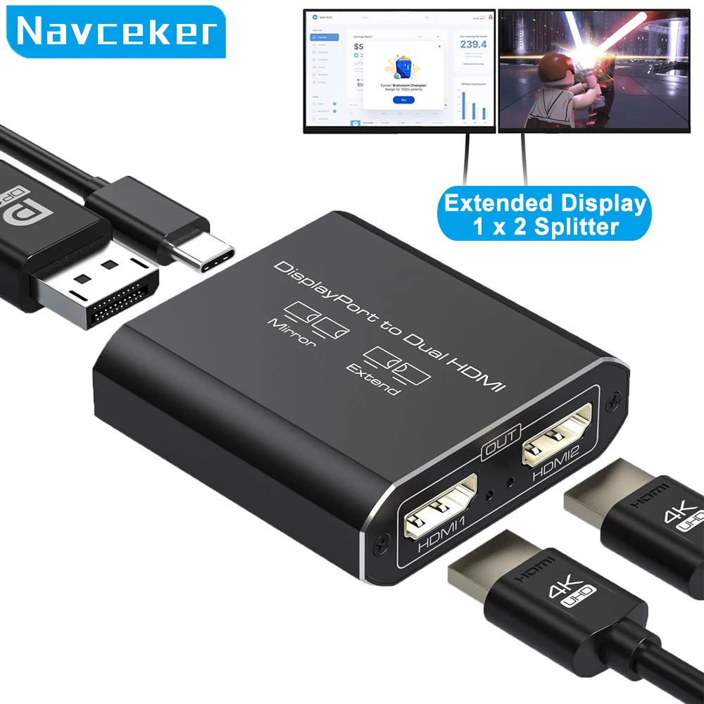 

Navceker Displayport to Dual HDMI Adapter 4K 60Hz Mini DP to HDMI Splitter 1 In 2 Out MST Extended Mode for Computer Laptop PC