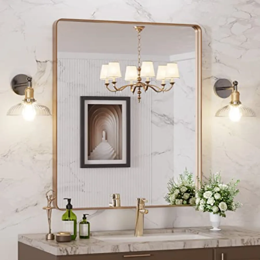 

Bathroom vanity mirror tempered glass brushed gold frame rounded rectangle shape 30x36 anti-rust wall-mounted horizontal or ver
