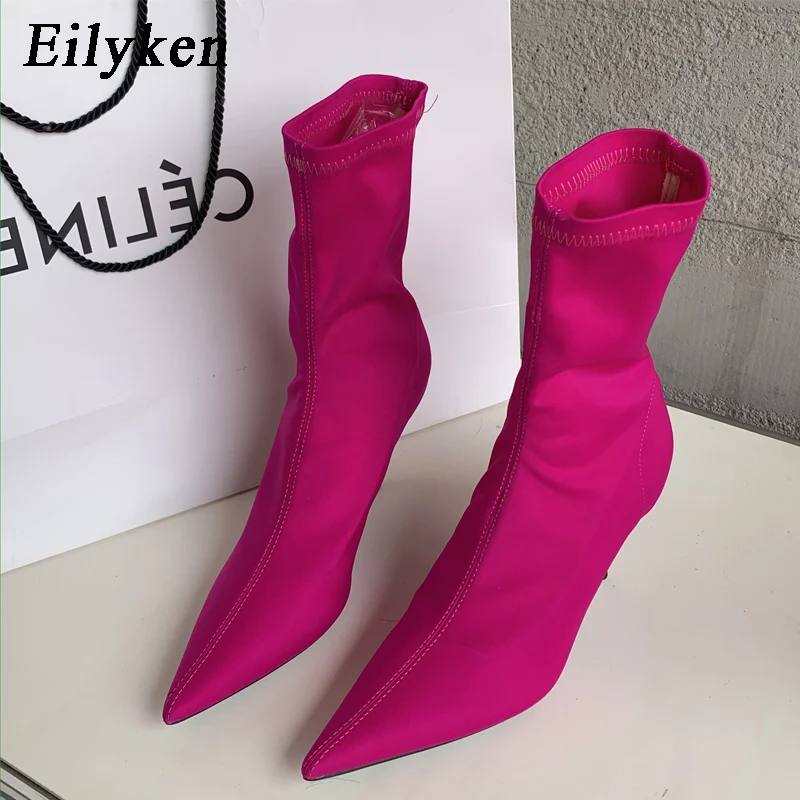 Eilyken-Botines de tela elástica para mujer, zapatos de tacón alto con punta puntiaguda, sexys, a la moda, primavera y otoño, 2024