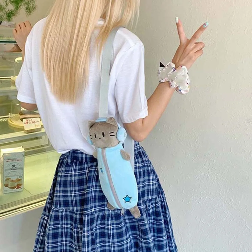 Сумка для ручек, милая сумка через плечо с изображением кота, синий кошелек, сумка через плечо с героями мультфильмов, большая вместительная портативная плюшевая сумка для канцелярских принадлежностей для девочек