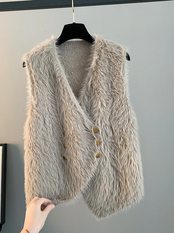 Women's Spring Autumn 2025 New Korean Design Sensation Water Rabbit Fur Vest Sleeveless Shoulder Pad Jacket Hot Selling Top