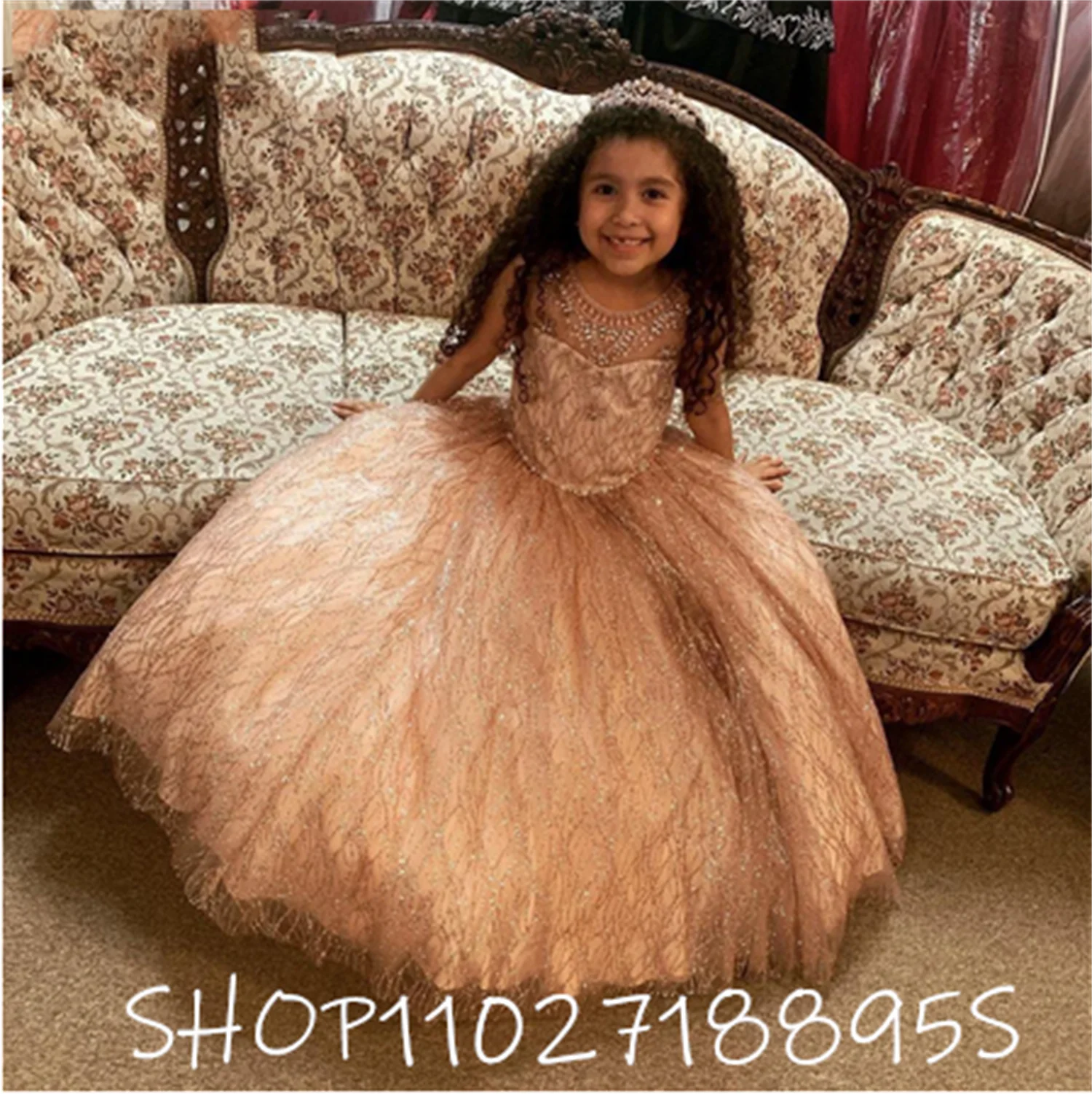 

Gold Tulle Girls Pageant Dresses Sheer Jewel Neck Beaded Crystal Mini Quinceanera Dress Flower Girl Dress