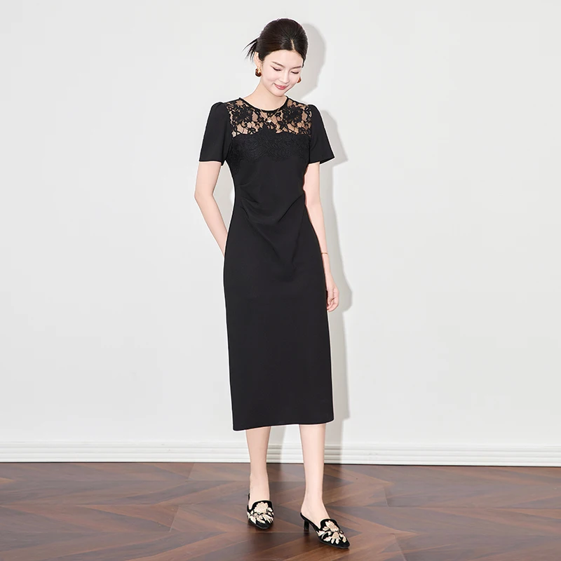 

New Chinese Style Trendy Patchwork Lace Pleated Waist-tie Women's Summer Dress 2025 New