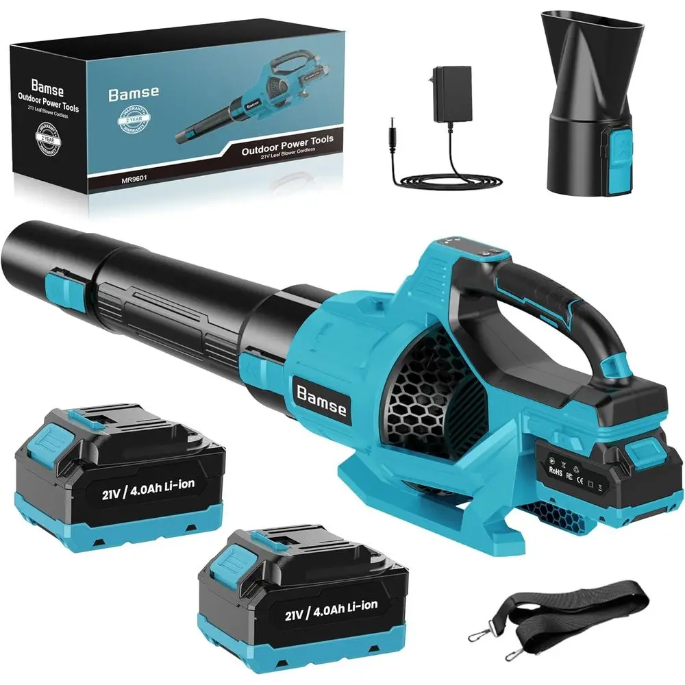 

Аккумуляторная воздуходувка для листьев 21 В, аккумуляторная воздуходувка для листьев с 2 аккумуляторами емкостью 4,0 Ач и зарядным устройством, 3 режима скорости, ручная беспроводная воздуходувка для