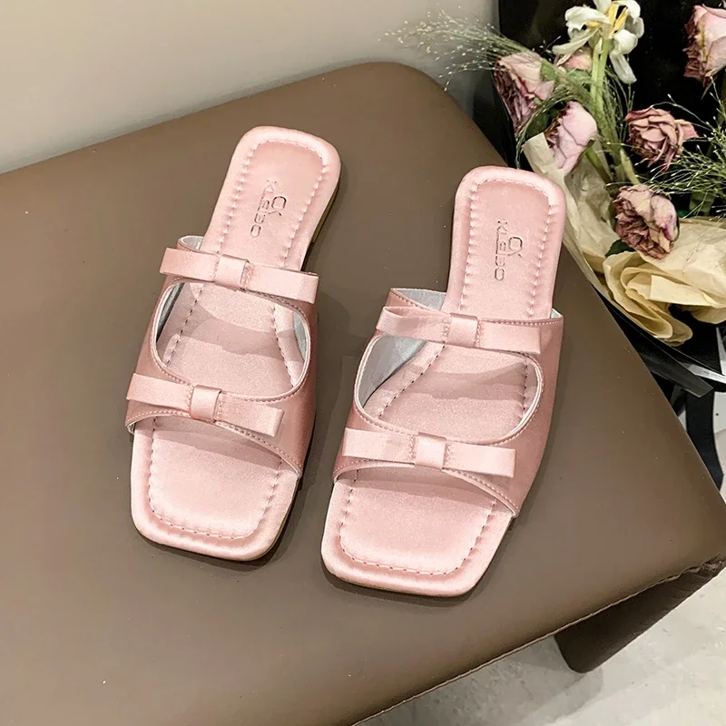 2024 Summer Candy Leather Beach Shoes Women Bow Flat Slippers Women\'s Shoes Simple Slides Open Toe Flat Slippers for Women