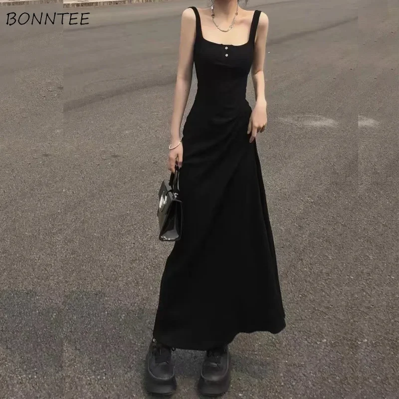 Vestidos largos negros para mujer, vestido veraniego sencillo a la moda, elegante, con cuello cuadrado, estilo francés, Sexy, sin espalda, informal, básico, nuevo