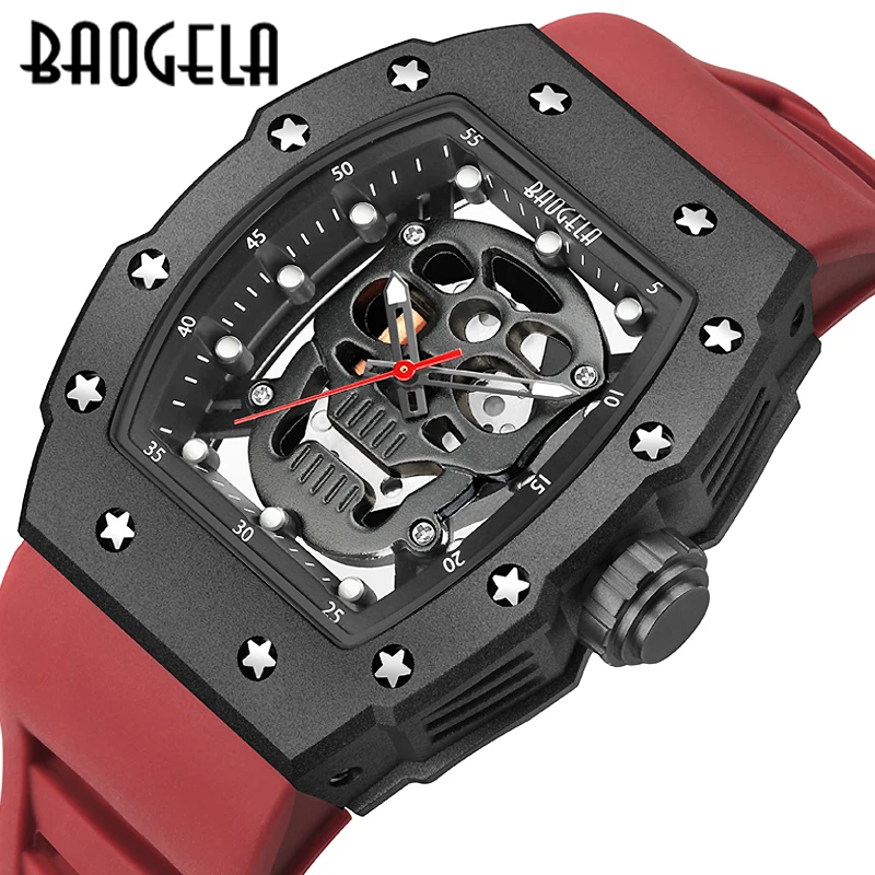 BAOGELA Top Brand Luxury Mens Watches Sport Stainless Steel Hollow Skull Quartz Watch Fashion Creative Waterproof WristWatch4141