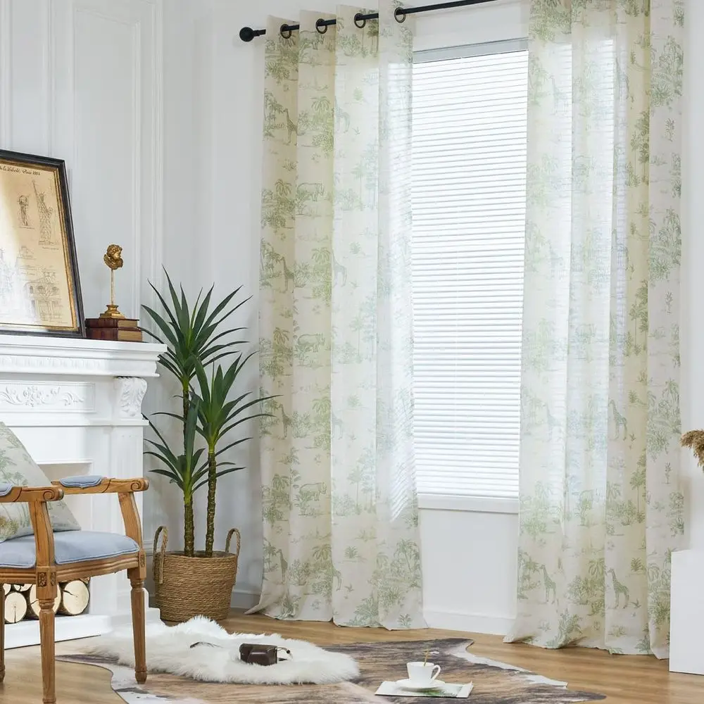 Cortinas Toile de linho com ilhó 96 - Cortinas florais verdes estilo fazenda para sala de estar e quarto