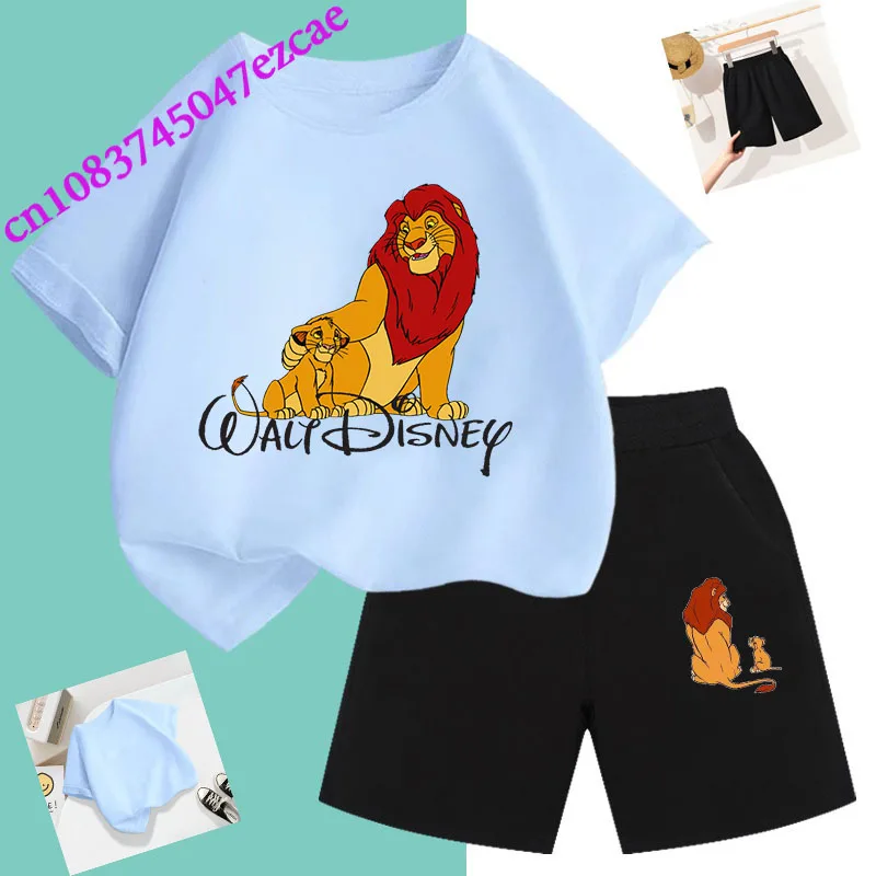 Disney Simba Summer T-Shirt Children's Set Lion King t shirt Set Short Sleeves Shorts Boys and Girls Cartoon Print Sweatshirt