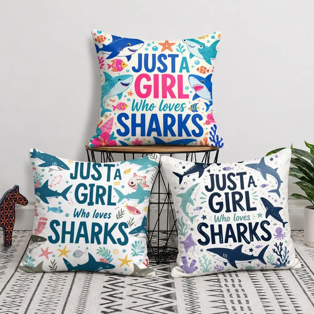Cushion Cover Shark Enthusiast Short Plush Soft Double-Sided Printing Pillow Case Cozy Sofa Bedroom Home Decor Gift