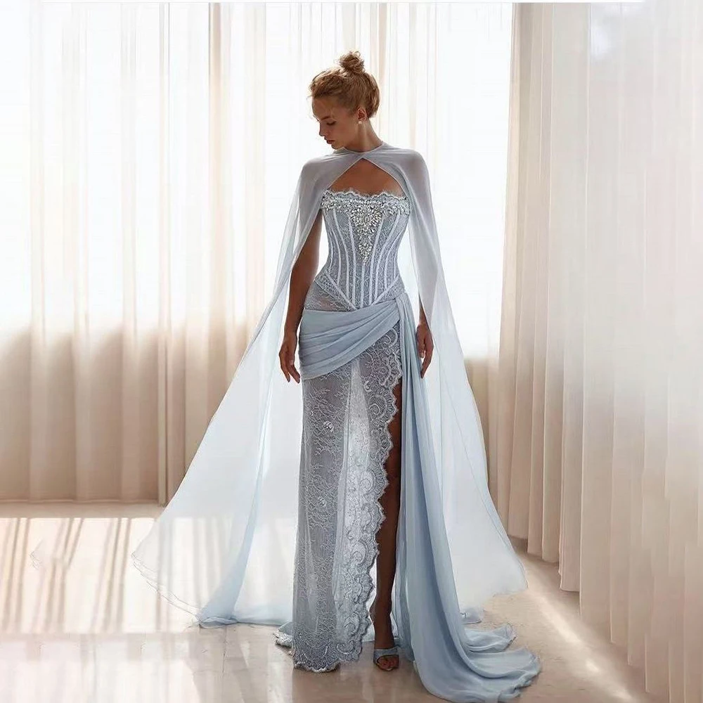 Chiffon Women's Dresses Strapless Backless Sheath High Slit Lace Illusion Evening Gown with Detachable Cape Beach Wedding Wear