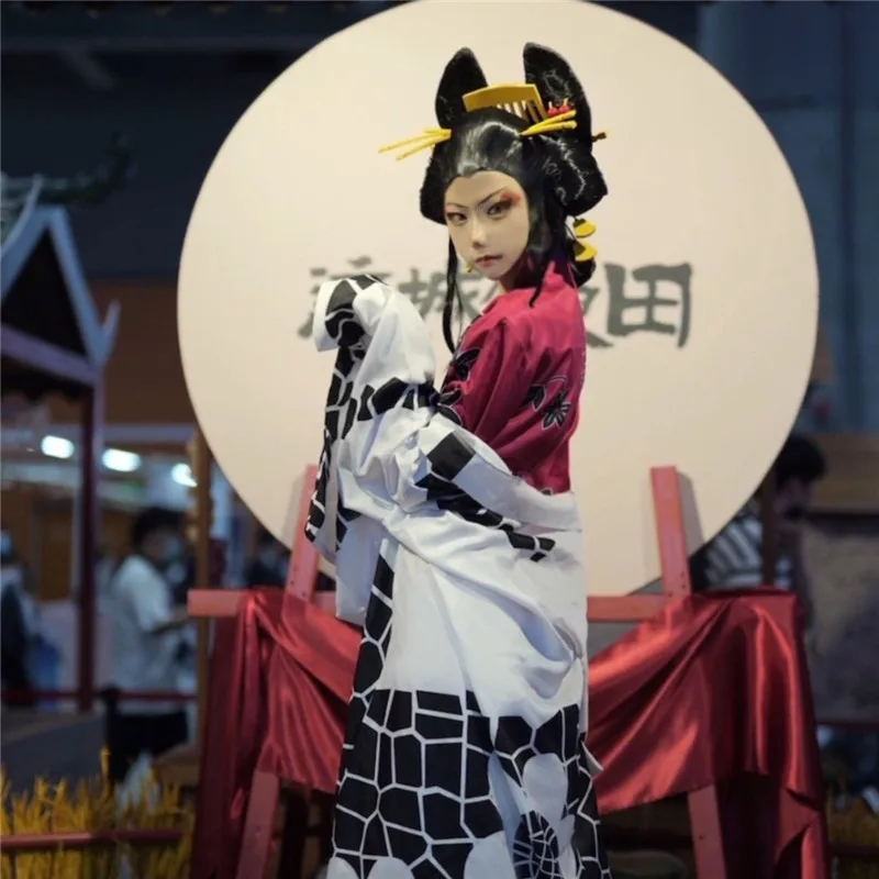Perruques de Cosplay synthétiques de style Geisha Kokushibou pour femmes noires, perruques résistantes à la chaleur + bonnet de perruque, accessoire de jeu de rôle, cadeau