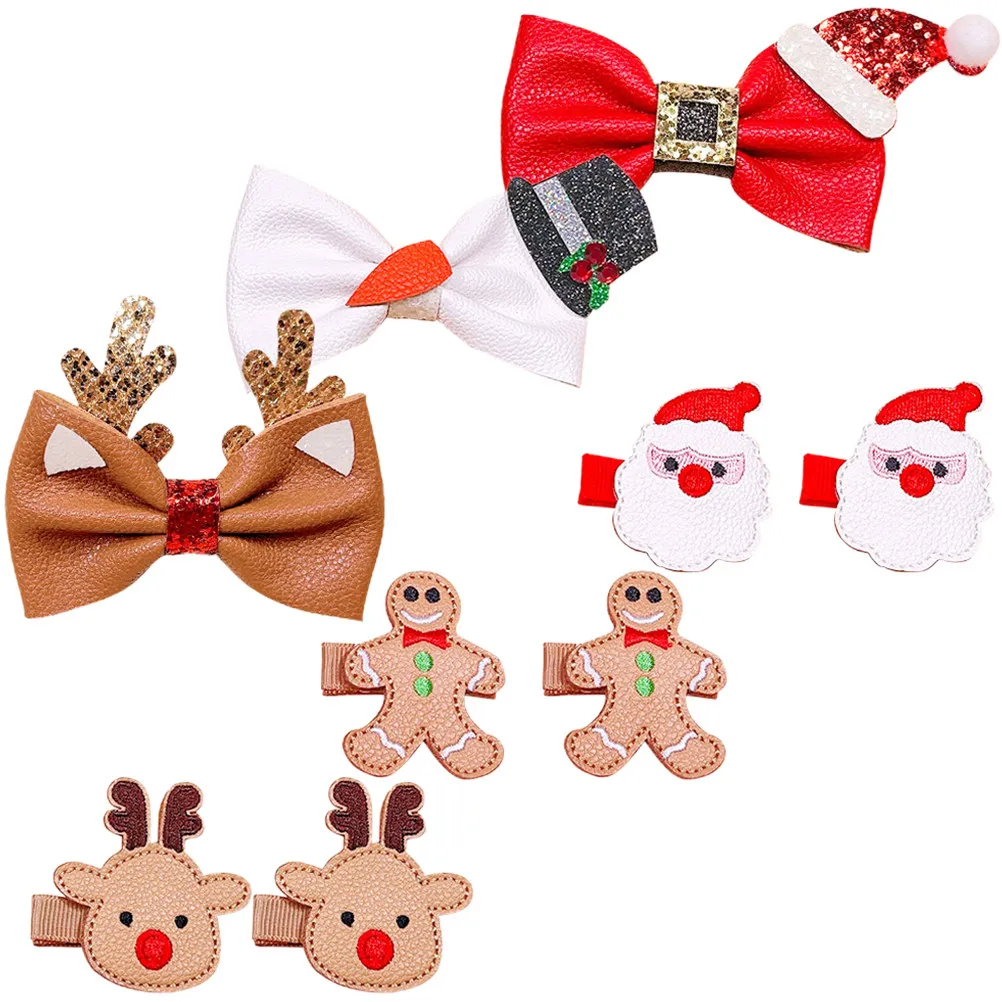 9Pcs Christmas Hair Clips for Bow Barrettes PU Metal Hair Accessories Holiday Party Photo Booth Gift